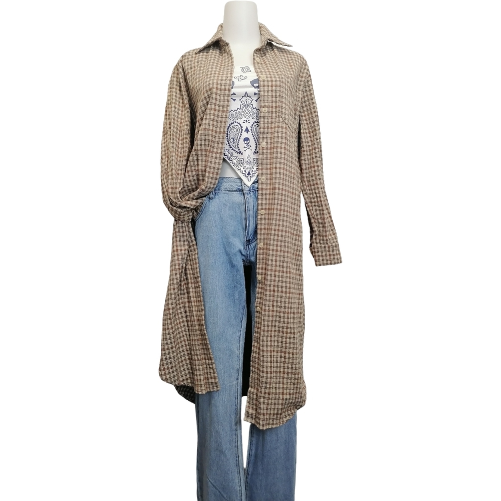 🐿🐿🐿 Long Plaid Button-Front Duster Shirt - Beige/Brown